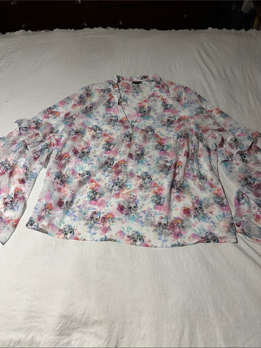 torrid White Blouse with Pink & Blue Floral Skull Print